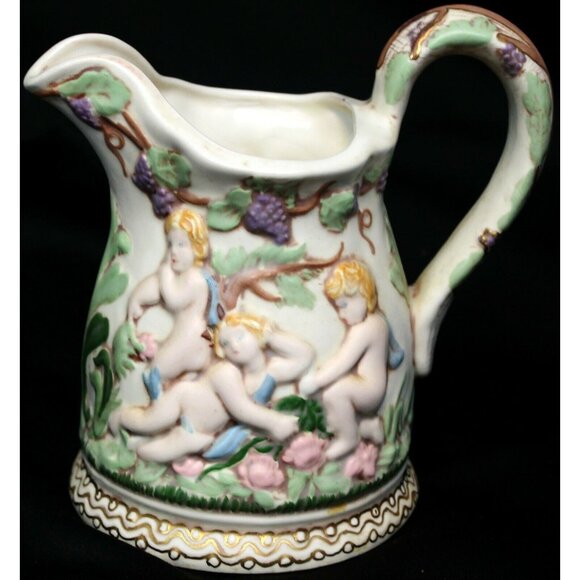 VTG 1972 Hazel Cousins Cherub Ceramic White Pitcher Multicolored Vineyard Design - Picture 1 of 11